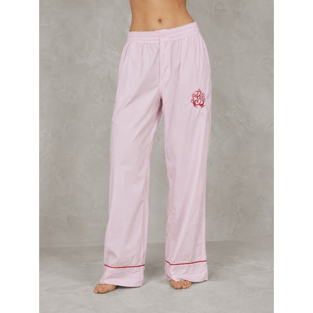 Ganni Poplin Pyjama Pants Womens 38 Pink Wide Leg Embroidered Logo Lounge